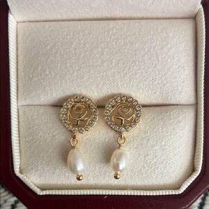 Gold Rose Crystal Drop Pearl Earrings - Women Jewelry